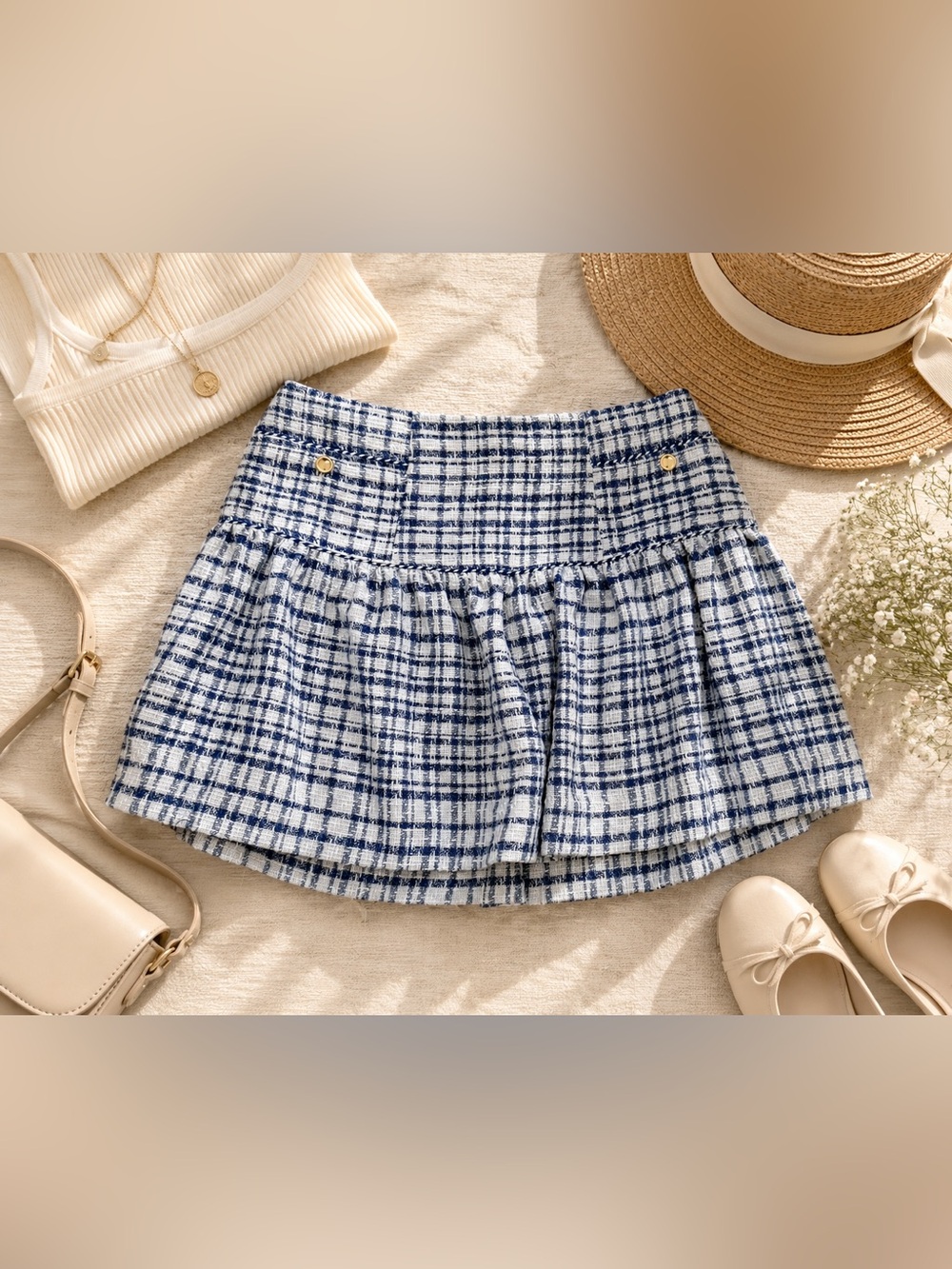NWT Free Assembly Blue & White Plaid Drop Waist Mini Skirt Size 14